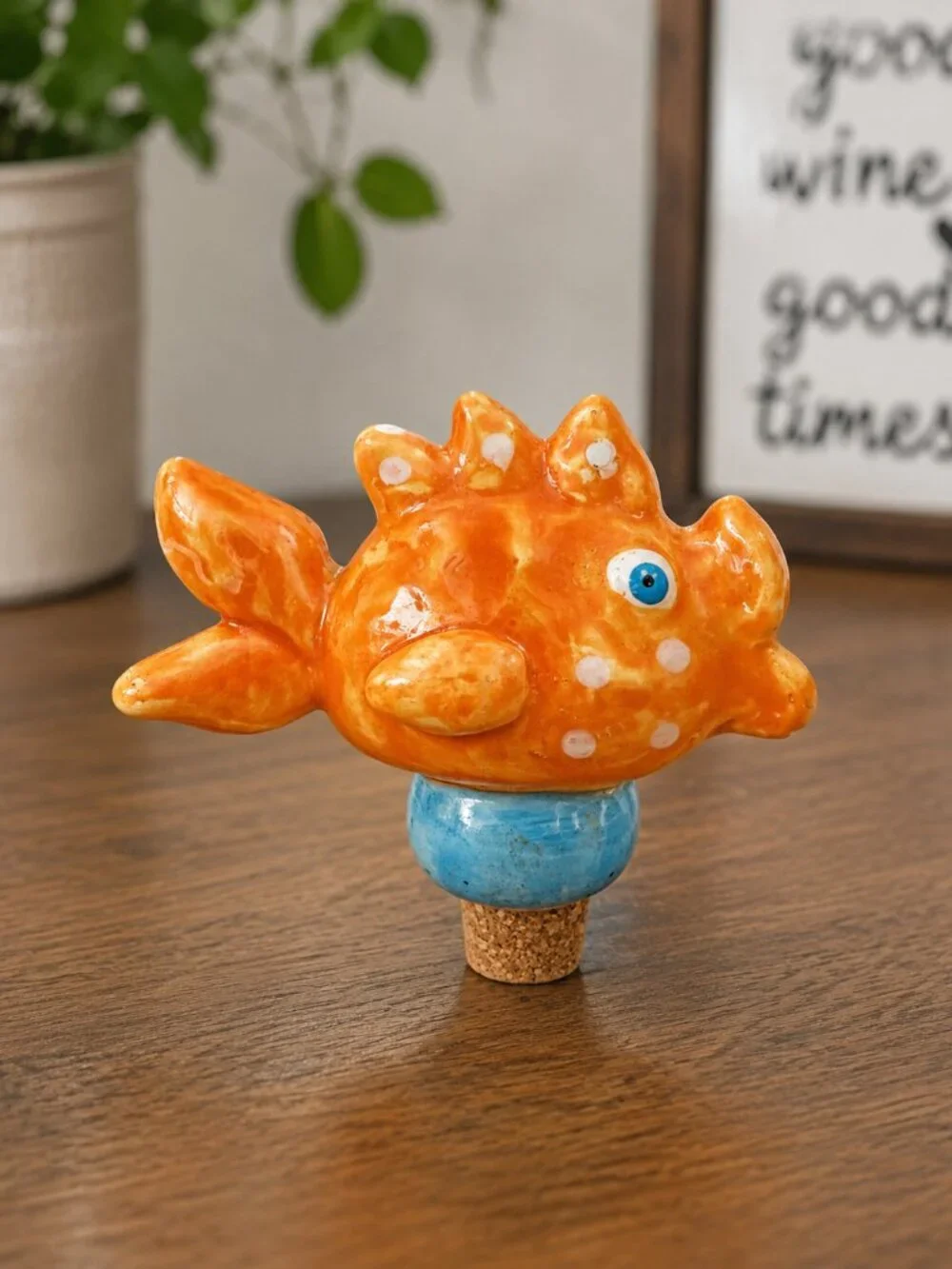 Whimsical Orange Fish Ceramic Wine Bottle Stopper Cork Art Pottery 4